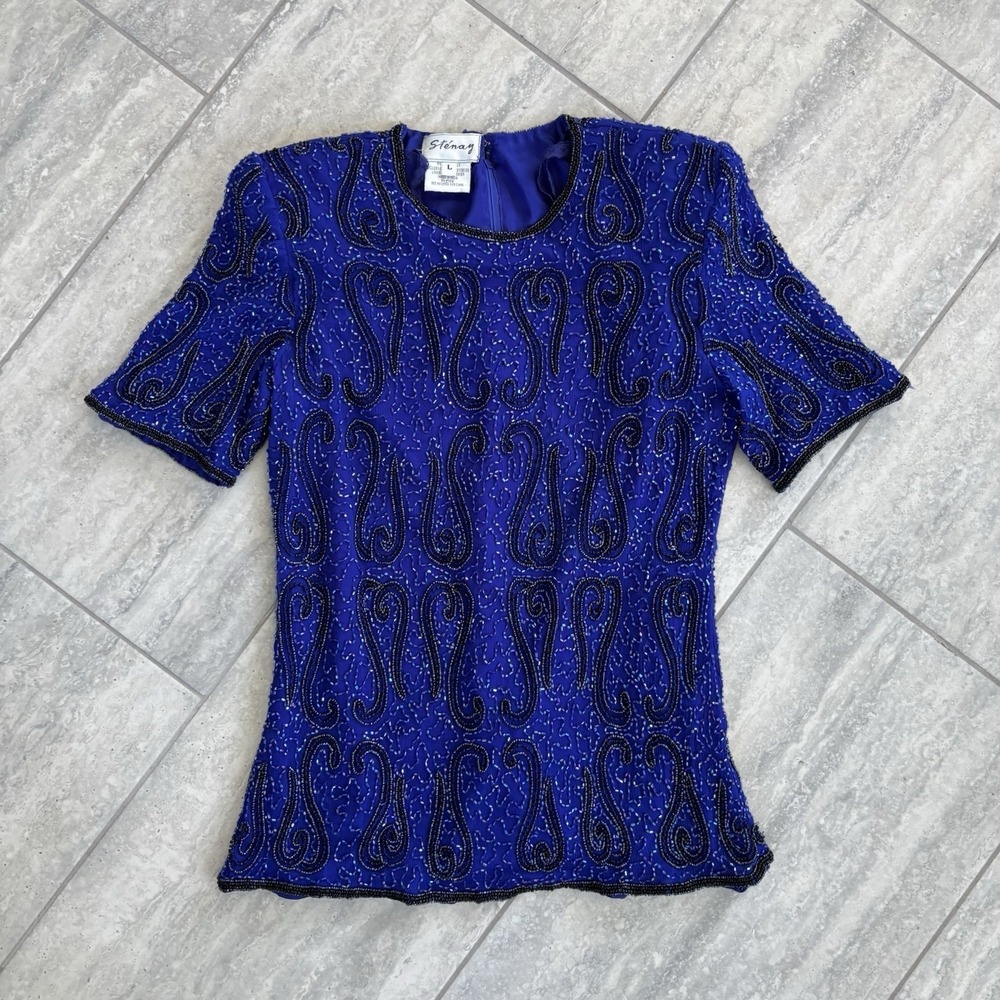 Vtg Stenay Large beaded evening‎ blouse Women royal blue short sleeve zip Glam